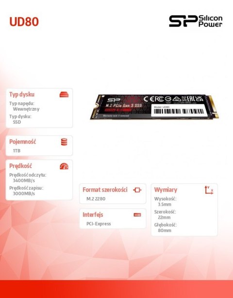 Silicon Power Dysk SSD UD80 1TB PCIe M.2 2280 Gen 3x4 3400/3000 MB/s