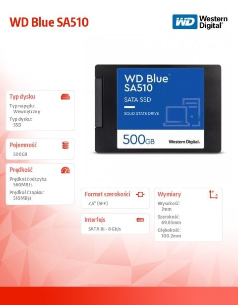 Western Digital Dysk SSD Blue 500GB SA510 2,5 cala WDS500G3B0A