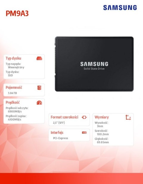 Samsung Dysk SSD PM9A3 U.2 DCT 3840 GB MZQL23T8HCLS-00W07 NVMe
