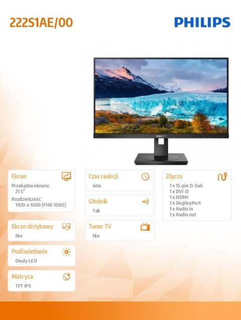 Philips Monitor 222S1AE 21.5 cala IPS DVI HDMI DP Pivot