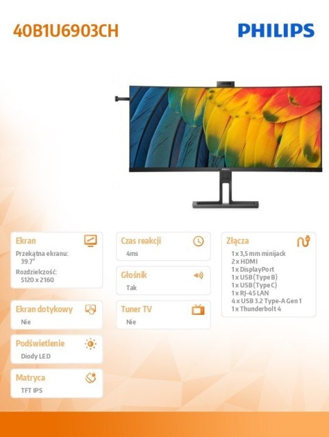 Philips Monitor 40B1U6903CH 40 cali Curved IPS HDMIx2 DP HAS USB-C Kamera