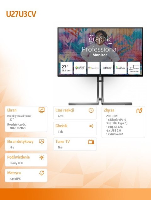 AOC Monitor U27U3CV 27 cali 4K Nano IPS HDMIx2 DP USB-C RJ45