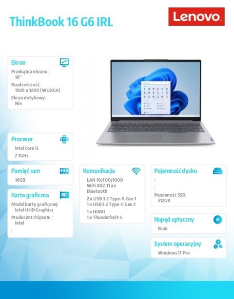 Lenovo Laptop ThinkBook 16 G6 21KH00TCPB W11Pro i5-13420H/16GB/512GB/INT/16.0 WUXGA/Arctic Grey/3YRS OS + CO2 Offset
