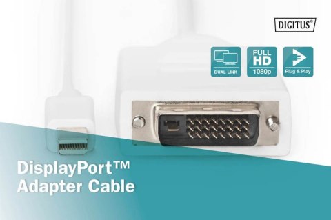 Digitus Kabel adapter Displayport 1080p 60Hz FHD Typ miniDP/DVI-D (24+1) M/M biały 2m