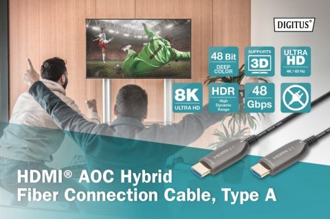 Digitus Kabel połączeniowy hybrydowy HDMI AOC | HDMI-A męski-męski | HDMI 2.1 | UHD-2 8K@60Hz | 48Gbps |HDR, eARC, HDCP 2.2, CEC | 30m