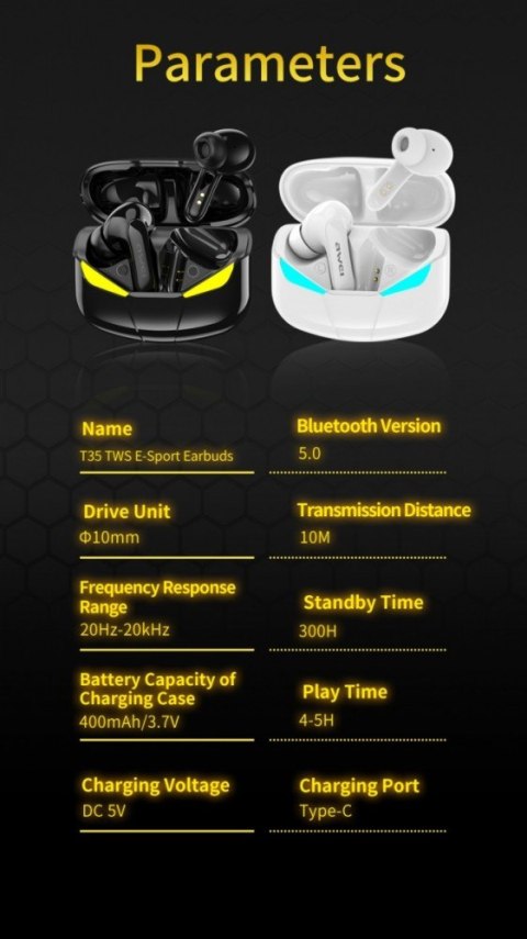 AWEI Słuchawki Bluetooth 5.0 T35 TWS + Stacja dokująca -Dla Graczy- czarne
