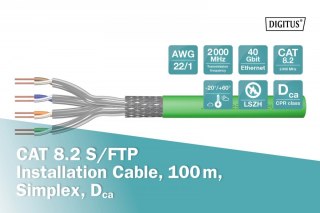 Digitus Kabel teleinformatyczny instalacyjny kat.8.2, S/FTP, Dca, AWG 22/1, LSOH, 100m, zielony