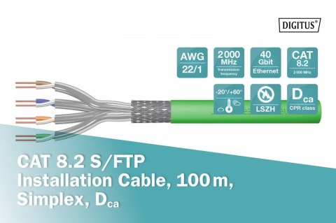 Digitus Kabel teleinformatyczny instalacyjny kat.8.2, S/FTP, Dca, AWG 22/1, LSOH, 100m, zielony