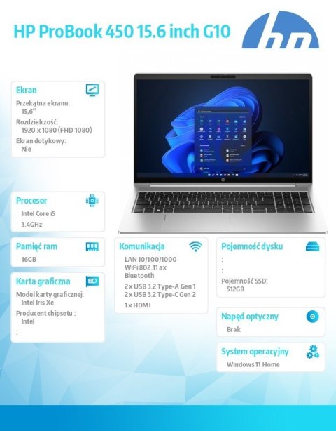 HP Inc. Laptop 450 G10 i5-1334U 16GB/512GB/15.6 cali FHD/Win11Home/ AD1G7ET
