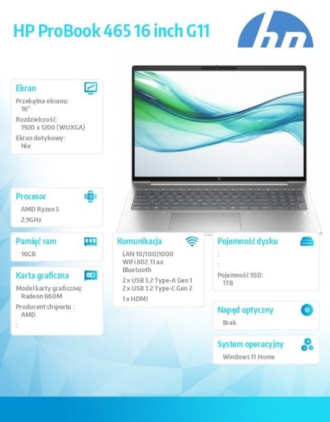 HP Inc. Laptop 465 G11 R5-7535U 16GB/1TB/16 cali WUXGA/Win11Home/ AD1J2ET