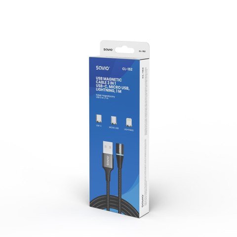 Savio Kabel magnetyczny USB - USB typ C, Micro i Lightning, czarny, 1m, CL-152