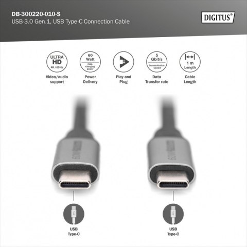 Digitus Kabel połączeniowy USB 3.0 60W/5Gbps Typ USB C/USB C M/M 1m Czarny
