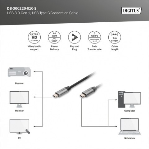Digitus Kabel połączeniowy USB 3.0 60W/5Gbps Typ USB C/USB C M/M 1m Czarny