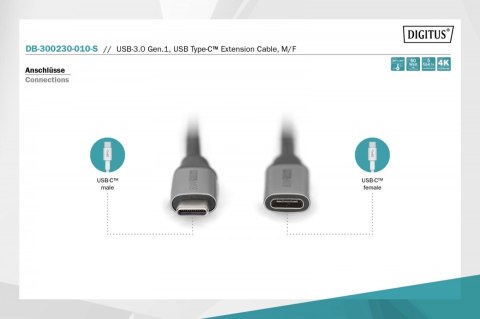 Digitus Kabel przedłużający USB 3.0 60W/5Gbps Typ USB C/USB C M/Ż 1m Czarny
