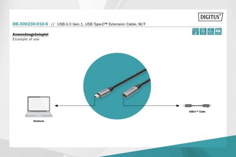 Digitus Kabel przedłużający USB 3.0 60W/5Gbps Typ USB C/USB C M/Ż 1m Czarny