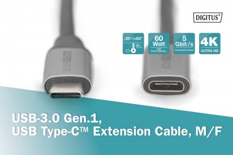 Digitus Kabel przedłużający USB 3.0 60W/5Gbps Typ USB C/USB C M/Ż 1m Czarny