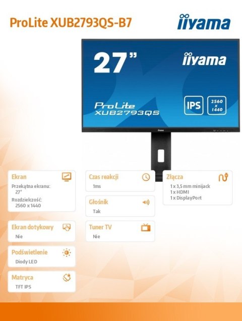 IIYAMA Monitor 27 cali XUB2793QS-B7,IPS,QHD,HAS(150mm),100Hz,300cd