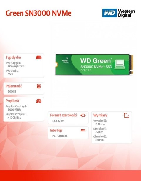 Western Digital Dysk SSD Green 500GB M.2 2280 SN3000 NVMe PCIE4.0