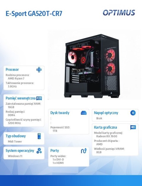 OPTIMUS Komputer E-Sport GB550T-CR5 Ryzen 7 5800X/16GB/1TB/RX 7600 GAMING OC 8G/W