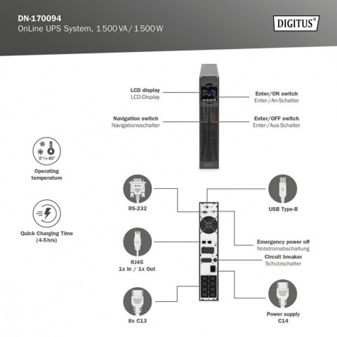 Digitus Zasilacz awaryjny UPS Online Rack 19" LCD, 1500VA/1500W, 3x12V/9Ah, 8xC13, USB, RS232, RJ45