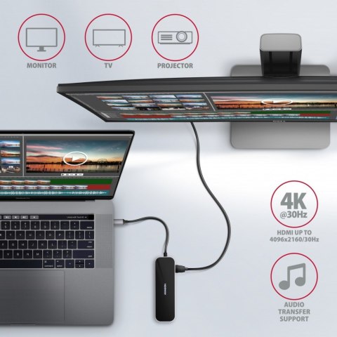 AXAGON HMC-6GL Wieloportowy hub USB 6in1, 5Gbps, 3x USB-A, HDMI 4K/30Hz, GLAN, PD 100W, 20cm USB-C kabel