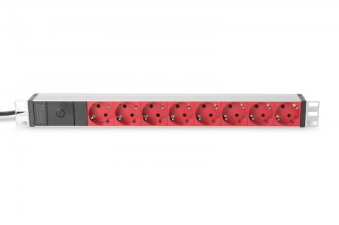 Digitus Listwa zasilająca PDU 19 cali Rack, 8x czerwone gniazdo schuko, 2.0m, 1x wtyk C14, 10A Aluminiowa