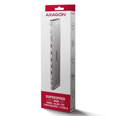 AXAGON HMC-10HLS Wieloportowy hub USB 9in1, 5Gbps, 4x USB-A, HDMI 4K/60Hz, GLAN, SD/microSD, PD 100W, 25cm USB-C kabel