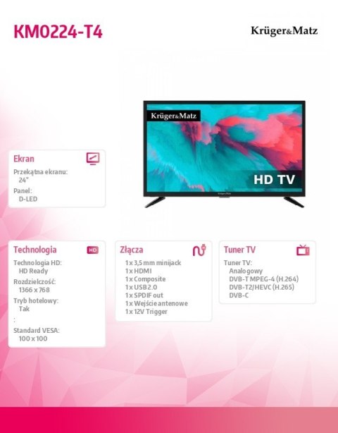 Kruger & Matz Telewizor 24 cale HD DVB-T2 H.265 HEVC